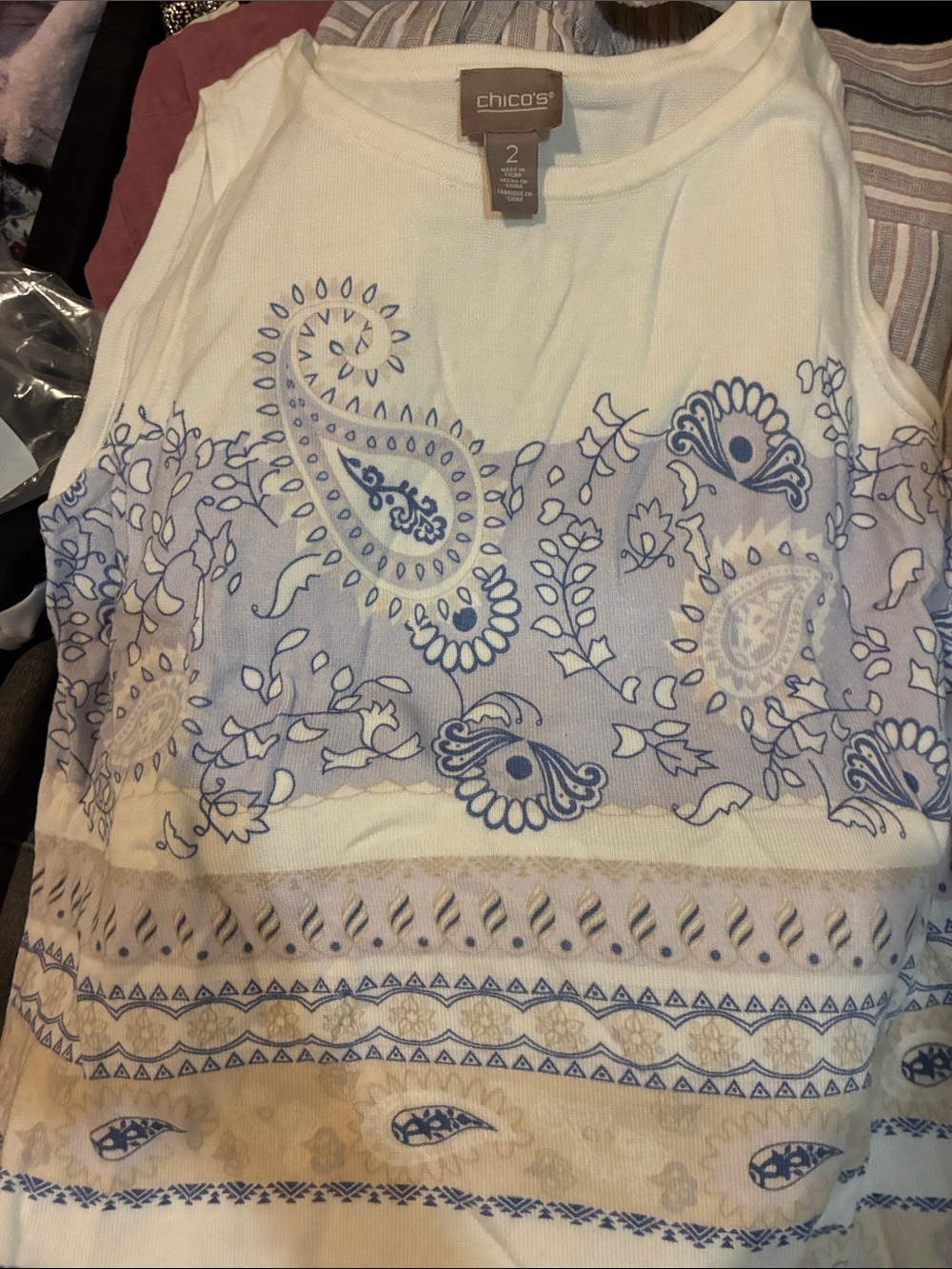 Chico's White Tank with Light Blue Paisley Border Print